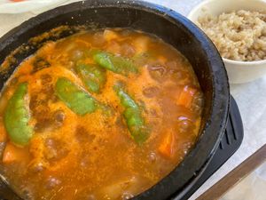 Spicy Korean hot pot at Franchia Vegan Cafe in New York City
