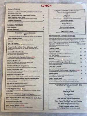 Lunch menu, front at Franchia Vegan Cafe in New York City