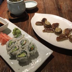 mushrooms, jasmine green tea, and California roll with fake crab  at Franchia Vegan Cafe in New York City