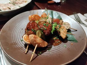 Mixed 'meat' skewers at Franchia Vegan Cafe in New York City