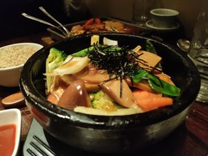 Mock duck stone pot with crunchy rice. Yuuuum at Franchia Vegan Cafe in New York City