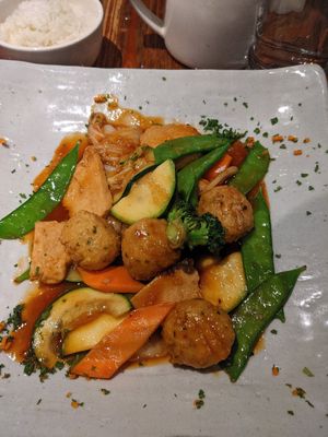 Spicy meatballs and chicken at Franchia Vegan Cafe in New York City