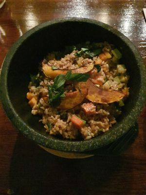 Kabocha Squash, Mushrooms & Vegetables Stone Bowl, delicious! at Franchia Vegan Cafe in New York City