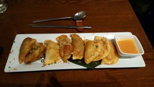 fried dumplings! at Franchia Vegan Cafe in New York City