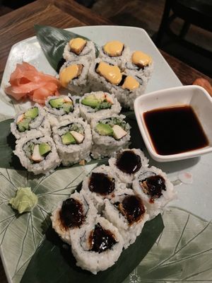 Roll combo (california roll, crispy tofu skin roll, spicy chicken roll)  at Franchia Vegan Cafe in New York City