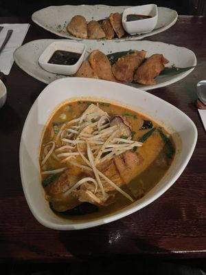 Penang noodles and fried dumplings  at Franchia Vegan Cafe in New York City