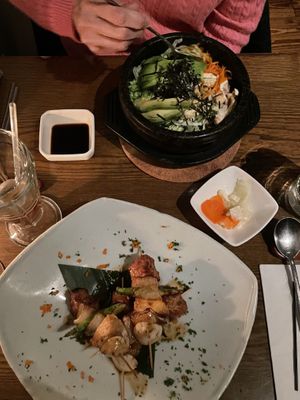 Yakitori and avocado stone bowl  at Franchia Vegan Cafe in New York City