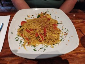 Singapore curry angel hair at Franchia Vegan Cafe in New York City