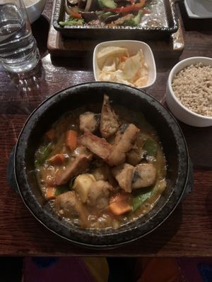 My Korean hot pot was so hot it was still bubbling when they brought it.  at Franchia Vegan Cafe in New York City