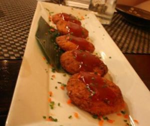 'crab' cake appetizer at Franchia Vegan Cafe in New York City