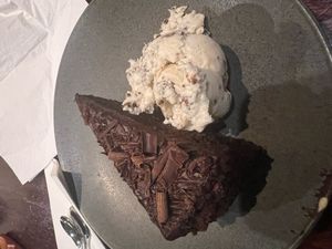 chocolate cake + ice cream at Franchia Vegan Cafe in New York City