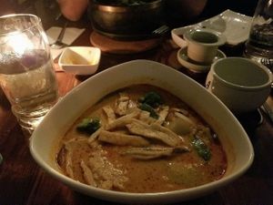 Noodle curry dish at Franchia Vegan Cafe in New York City