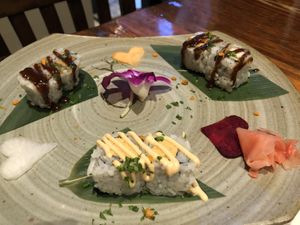 Sushi Platter: “Chicken” Teriyaki, Crispy “Crab” and Spicy “Tuna” Rolls  at Franchia Vegan Cafe in New York City