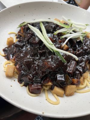 Jjajangmyeon (black bean sauce noodles)  at Franchia Vegan Cafe in New York City