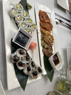 Jeon Korean pancake combo, California roll, crispy tofu skin roll  at Franchia Vegan Cafe in New York City