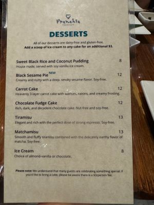 Menu - Desserts at Franchia Vegan Cafe in New York City