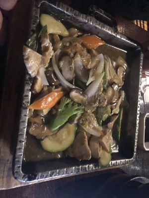 “Chicken” sizzler   at Franchia Vegan Cafe in New York City