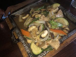 “Chicken” sizzler   at Franchia Vegan Cafe in New York City