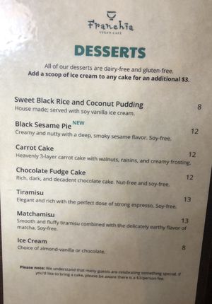 Dessert menu   at Franchia Vegan Cafe in New York City