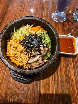 Tofu crumble bimbimbap with veggies and mushrooms at Franchia Vegan Cafe in New York City