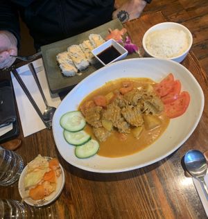 Spicy “tuna” roll and “beef” in spicy coconut sauce - meat eater approved😁  at Franchia Vegan Cafe in New York City