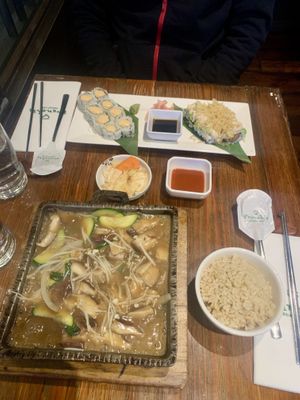 Sizzling mushrooms and sushi #Veganuary at Franchia Vegan Cafe in New York City