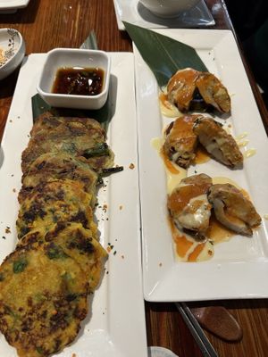 Scallion and sweet corn cilantro pancakes; stuffed mushrooms   at Franchia Vegan Cafe in New York City