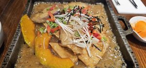 Braised tofu with kabocha and eggplant at Franchia Vegan Cafe in New York City