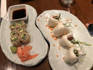 Sushi and “duck” bun at Franchia Vegan Cafe in New York City