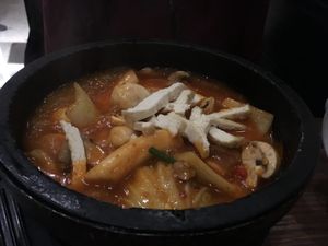 Spicy rice cake stew (very very spicy!) at Franchia Vegan Cafe in New York City