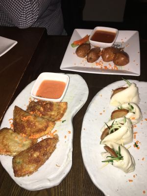 Fried dumplings, buffalo wings, and duck buns at Franchia Vegan Cafe in New York City
