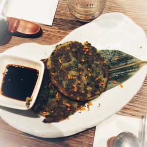 Gluten-free leek pancakes at Franchia Vegan Cafe in New York City