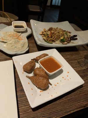 Wings, dumplings and noodles  at Franchia Vegan Cafe in New York City