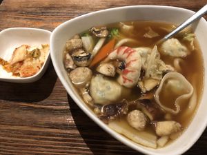 Dumpling soup & kimchi 🤤 at Franchia Vegan Cafe in New York City