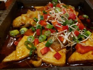 Braised Tofu with Kabocha Pumpkin and Eggplant (Delicious!) at Franchia Vegan Cafe in New York City
