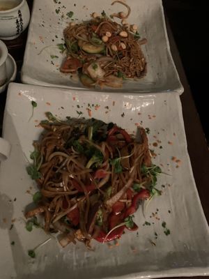 Top: spicy franchia noodles, Bottom: drunken basil noodles at Franchia Vegan Cafe in New York City