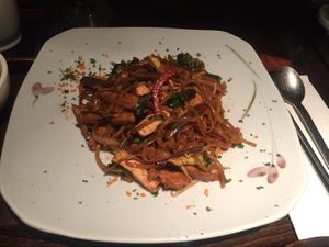 Soy chicken with sautéed noodles  at Franchia Vegan Cafe in New York City
