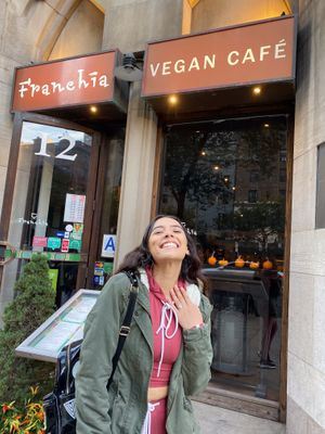 happy at Franchia Vegan Cafe in New York City