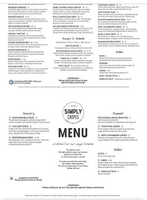 The vegan options are listed on the last page of their menu at Simply Crepes Cafe in Canandaigua