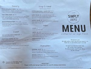 Separate vegan menu. No butternut squash, harvest salad, or seasonal tacos when we went. at Simply Crepes Cafe in Canandaigua
