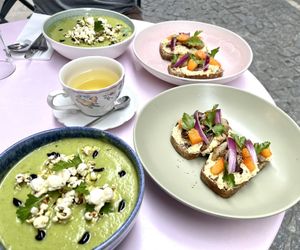 Cold courgette soup with tartine   at Garden in Angouleme