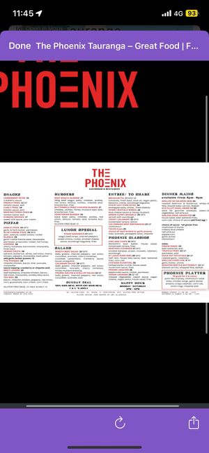 Menu  at The Phoenix in Tauranga