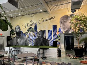 Stage and main dining area  at Plant Based Pizzeria in Sandy Springs