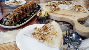 Pizza and rolls at Think Vegan in Seoul