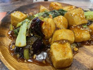 Fried tofu & eggplant. However I could find only 4 pieces of eggplant…. at Think Vegan in Seoul