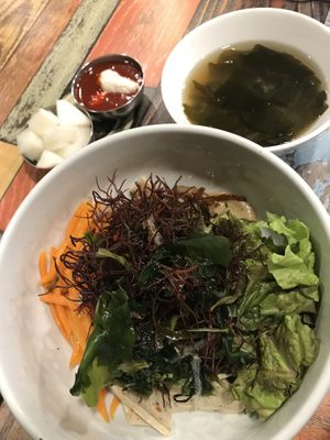 Seven different kinds of seaweed on rice with protein and veggies  at Think Vegan in Seoul
