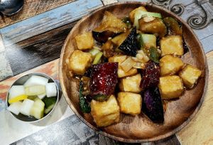 Sweet & Sour Tofu with Eggplant at Think Vegan in Seoul