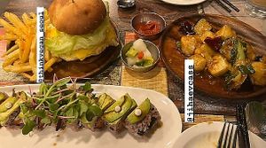Avocado sushi, burger and sweet and sour fried tofu! at Think Vegan in Seoul