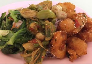 stir fry green veg with mushrooms, spicy eggplant curry and fried mock meat pieces all served on rice at Tien Sin - Si Wiang in Bangkok