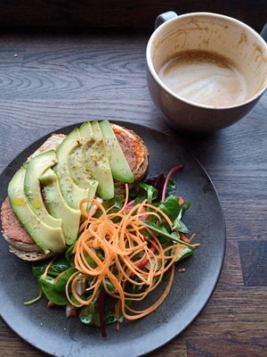Maloca special toast with vegan Salami and latte at Maloca Coffee & Food in Bodo
